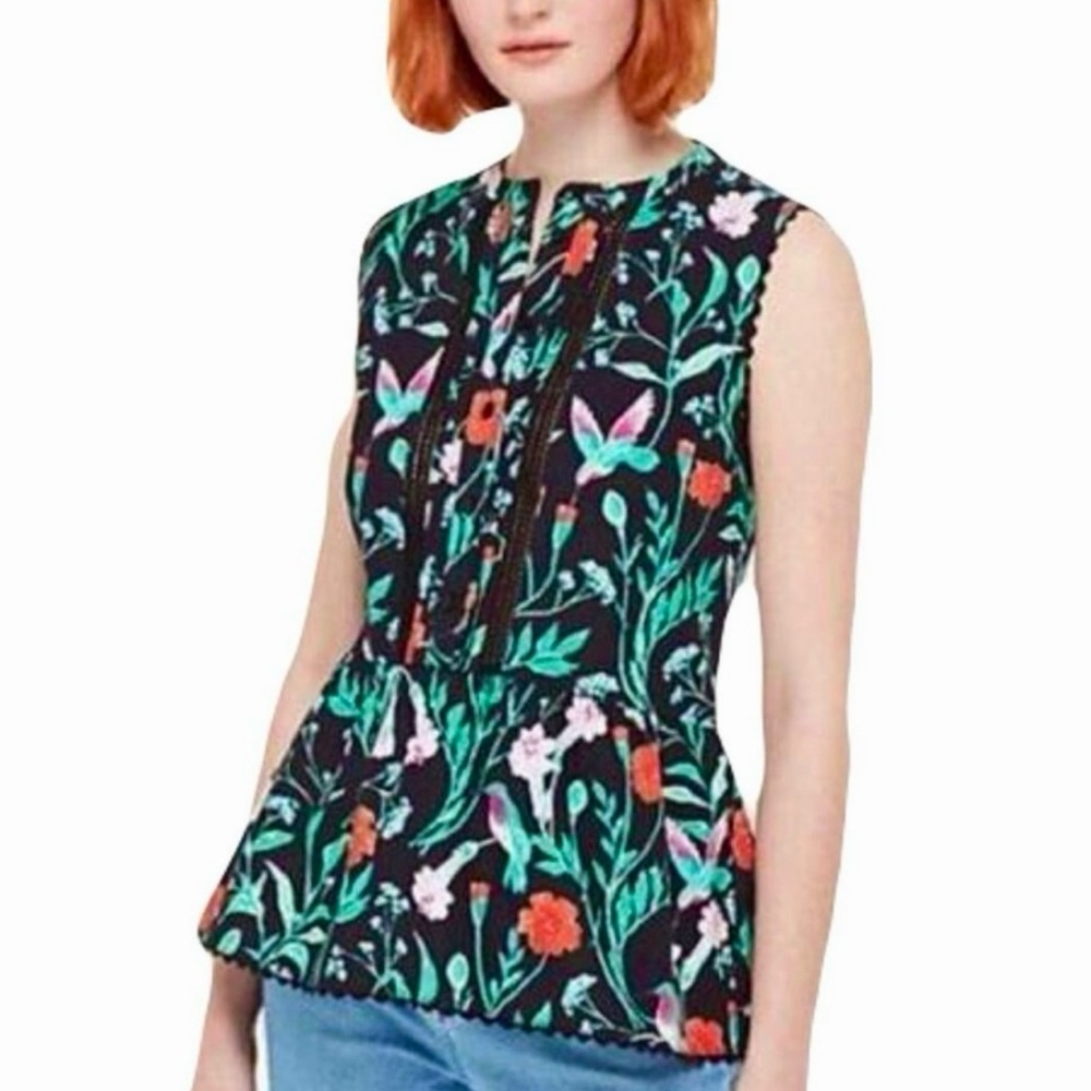 Floral Sleeveless Peplum Top in Black and Green